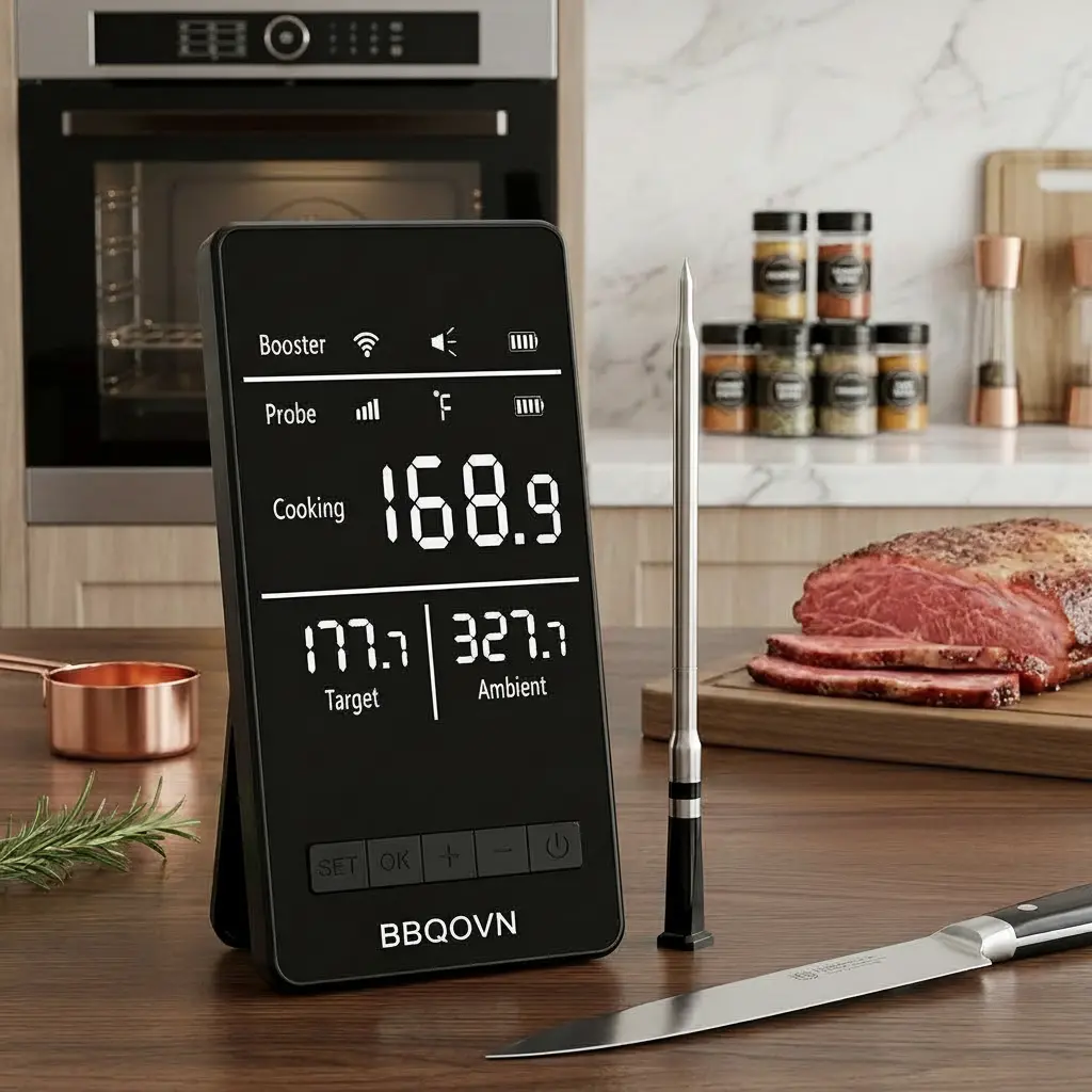 Smart Food Thermometer with Wi-Fi & Bluetooth - IP68 Waterproof, Portable LCD Instant-Read, Temperature Monitoring Kitchen Utensil for Oven-Grill Cooking, Batteries Included, Ideal Holiday & Birthday Gift for BBQ Enthusiasts, Thermometer Food