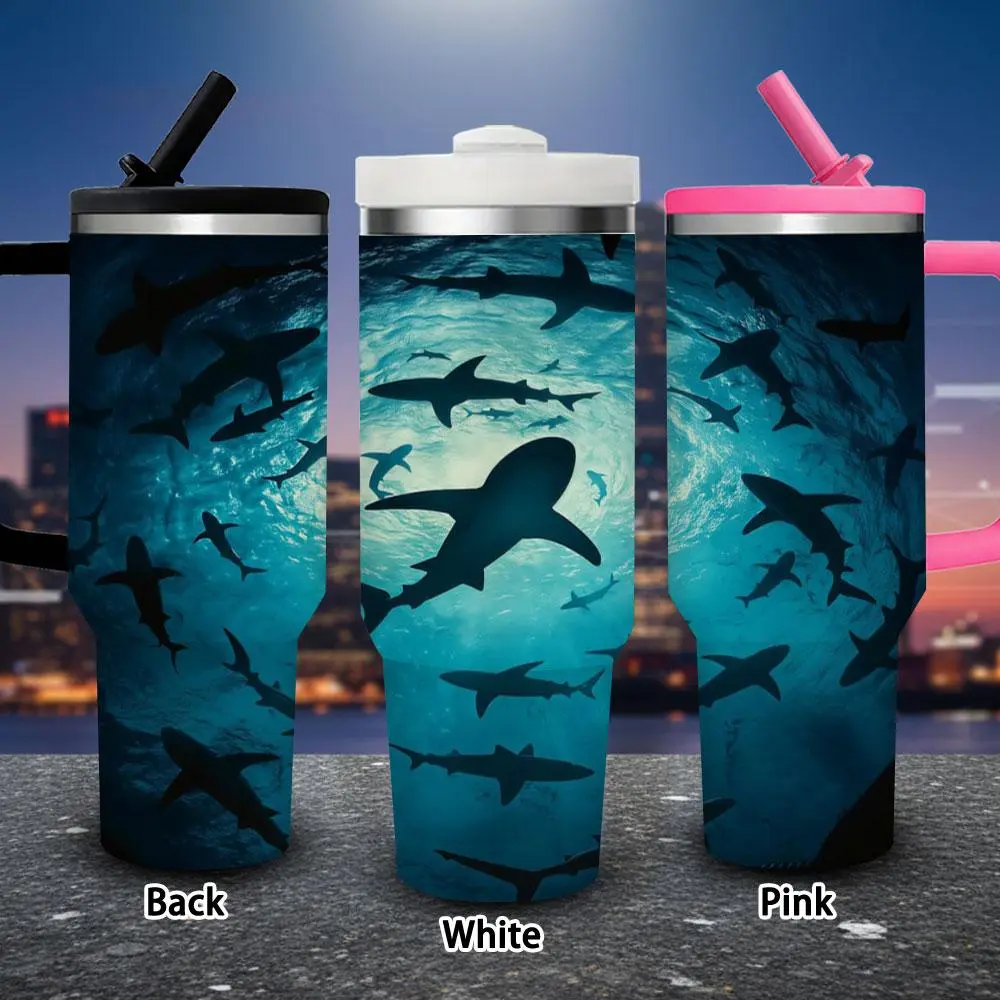 40oz Leak-Proof Vacuum Flask Tumbler Mug - Mysterious Ocean School of Sharks Design, Insulated Travel Cup with Lid & Straw, Iced/Hot Coffee Use, Easter Birthday Gift for Adults, Valentine’s Day, Underwater Adventure