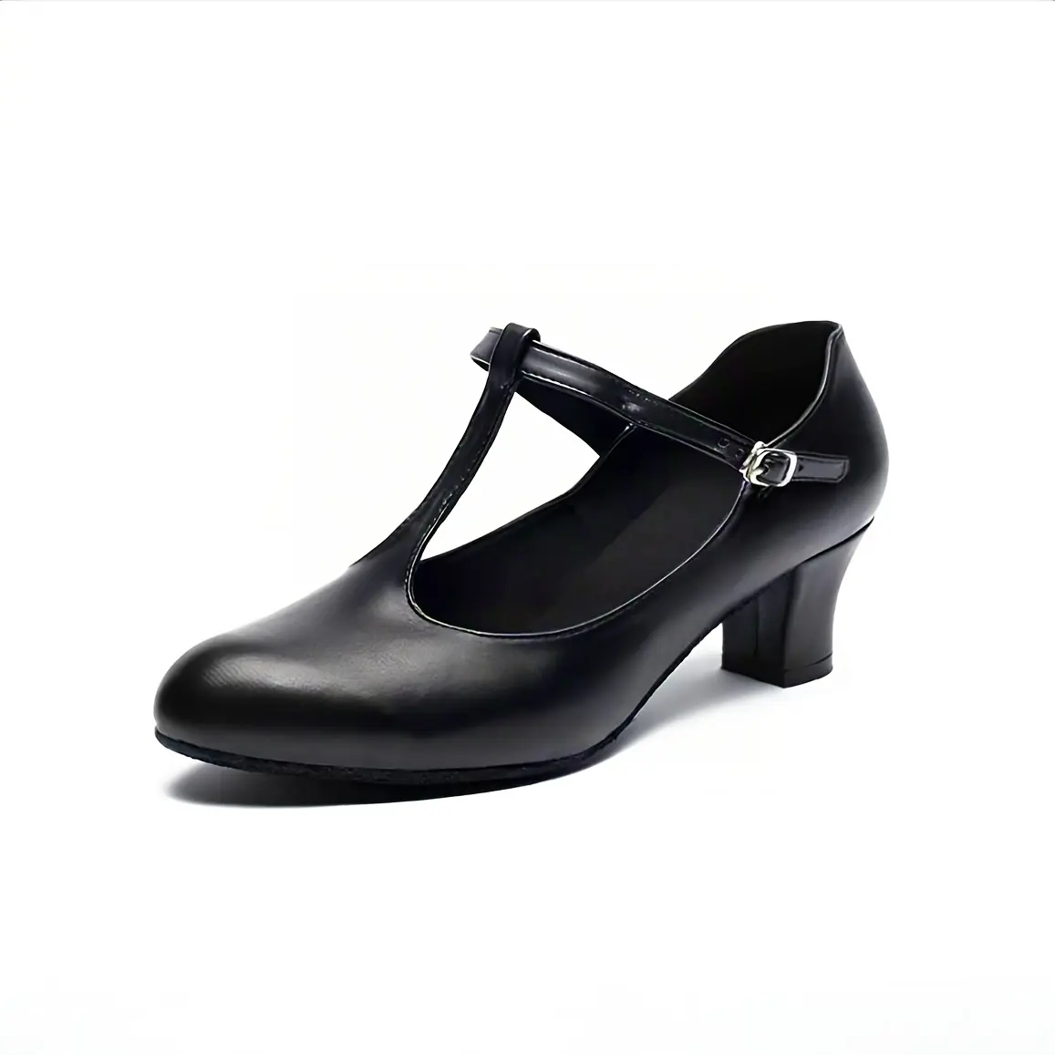 Women's Professional T-Strap Dance Heels - Black Synthetic Leather, Slip-Resistant Sole for Salsa, Wedding, Office - All-Season Formal & performance Shoes