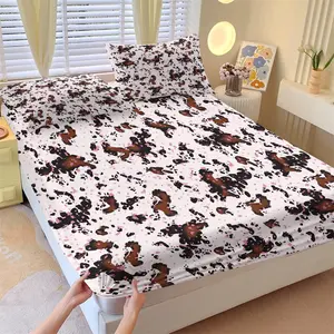 Sweet Cool Cow Print Fitted Sheet Set, 1 Bed Cover & 2 Coreless Pillowcases, Brown, Black, Pink Cow Print Mattress Protector, Soft Anti-Slip Wrinkle Resistant, Playful & Unique Style Bedroom Decor Gift