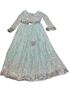 Elegent Georgette Lehenga with V-Neck Long Sleeve Blouse & Net Dupatta for All Seasons Sparkling Design