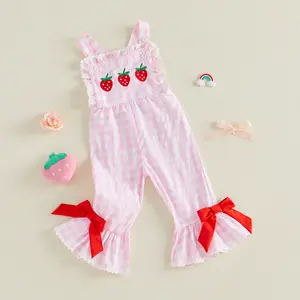 Toddler Baby Little Girls Romper Jumpsuit Sleeveless Plaid Strawberry Embroidery Bell Bottom Overalls Kids Summer Clothes 6M-5Y