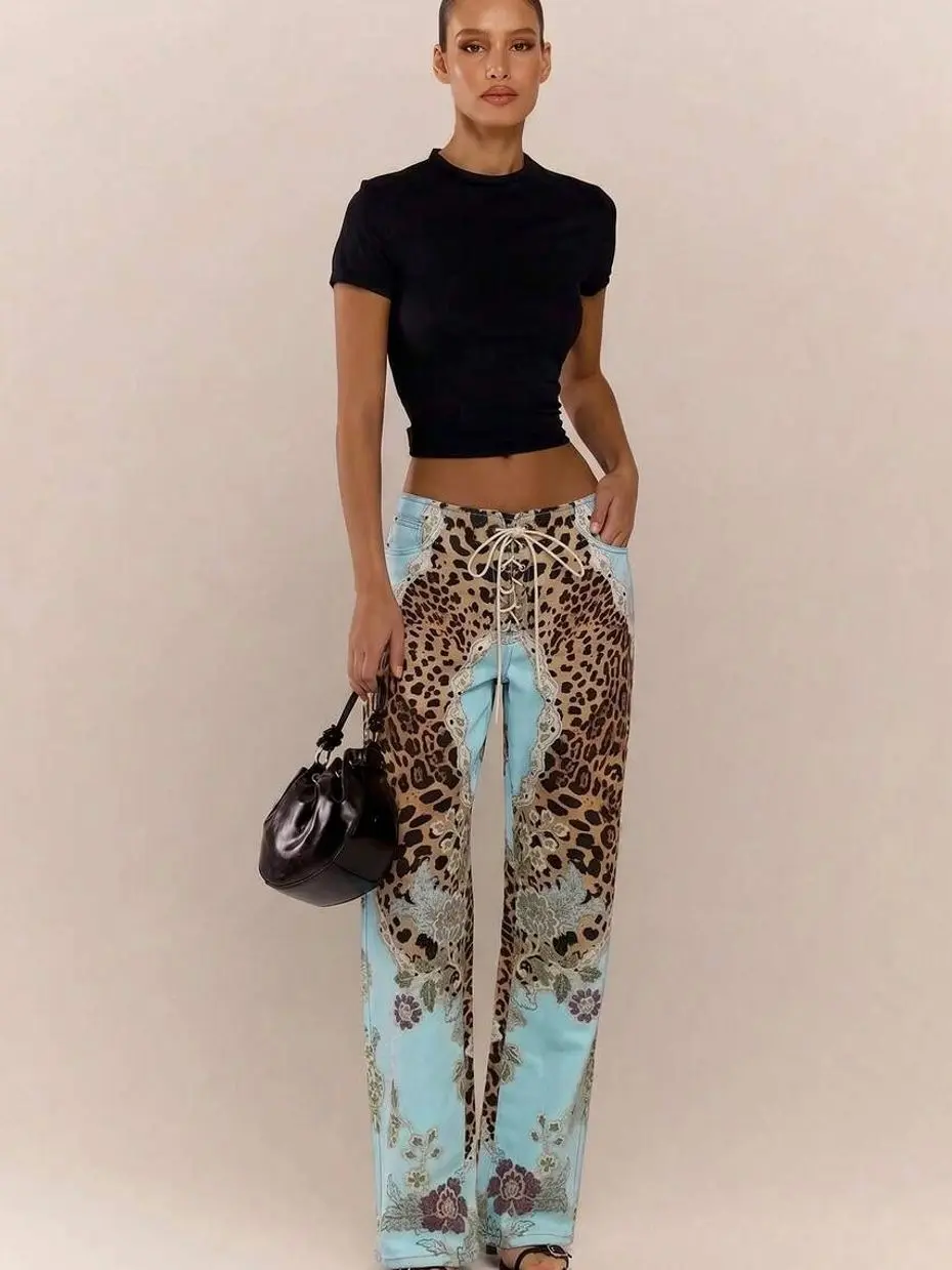 Women’s Peacock Print Straight Leg Jeans, High Waisted Lace Up Denim Pants, Trendy Fashion Streetwear