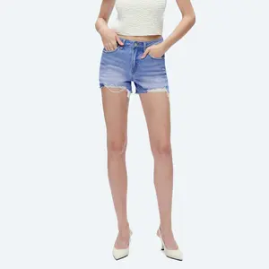 HIGH RISE FASHION DENIM SHORTS WITH RAW HEM Women's Bottom Comfort Stretch Jean Womenswear Streetwear Pants Trouser Basic Cute Minimalist