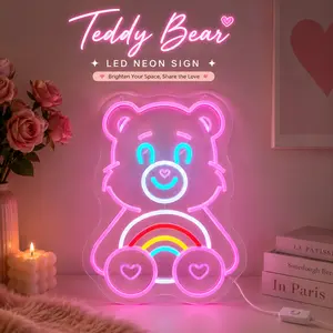 Pink Teddy Bear LED Neon Sign with Rainbow and Heart Design, USB Powered Handmade Neon Wall Light for Bedroom, Aesthetic Room, Vanity Area, Party Decor, Cute Wall Art Gift for Girls and Friends