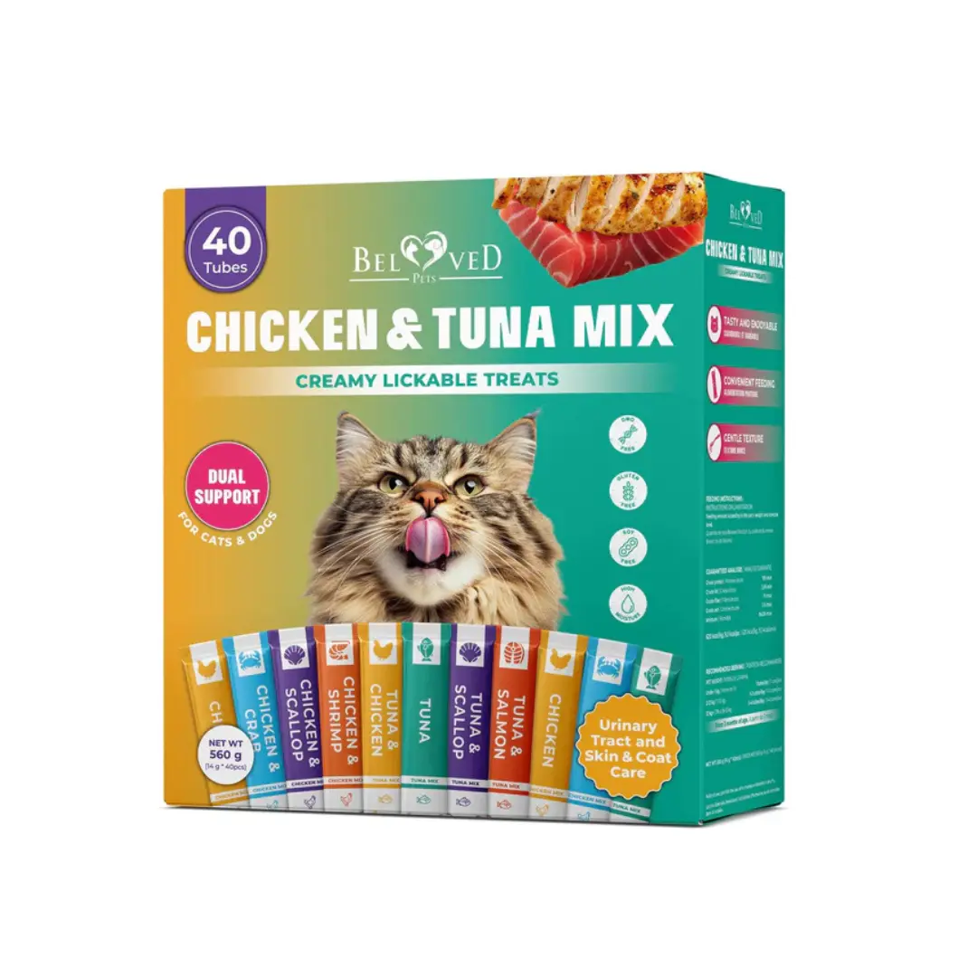 Beloved Pets Chicken & Tuna Mix Creamy Lickable Treats Dual Support for Cats & Dogs, 40-count