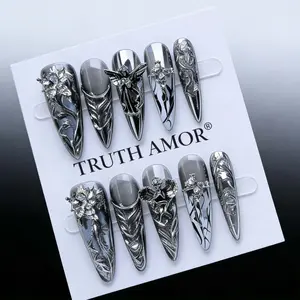 10Pcs TRUTH AMOR Gothic Angel Press On Nails, Long Stiletto Silver Mirror Fake Nails, Metallic 3D Carved Nail Art, Reusable False Nail Kit, GothicNails, SilverNails, AngelNailArt, PressOnNails