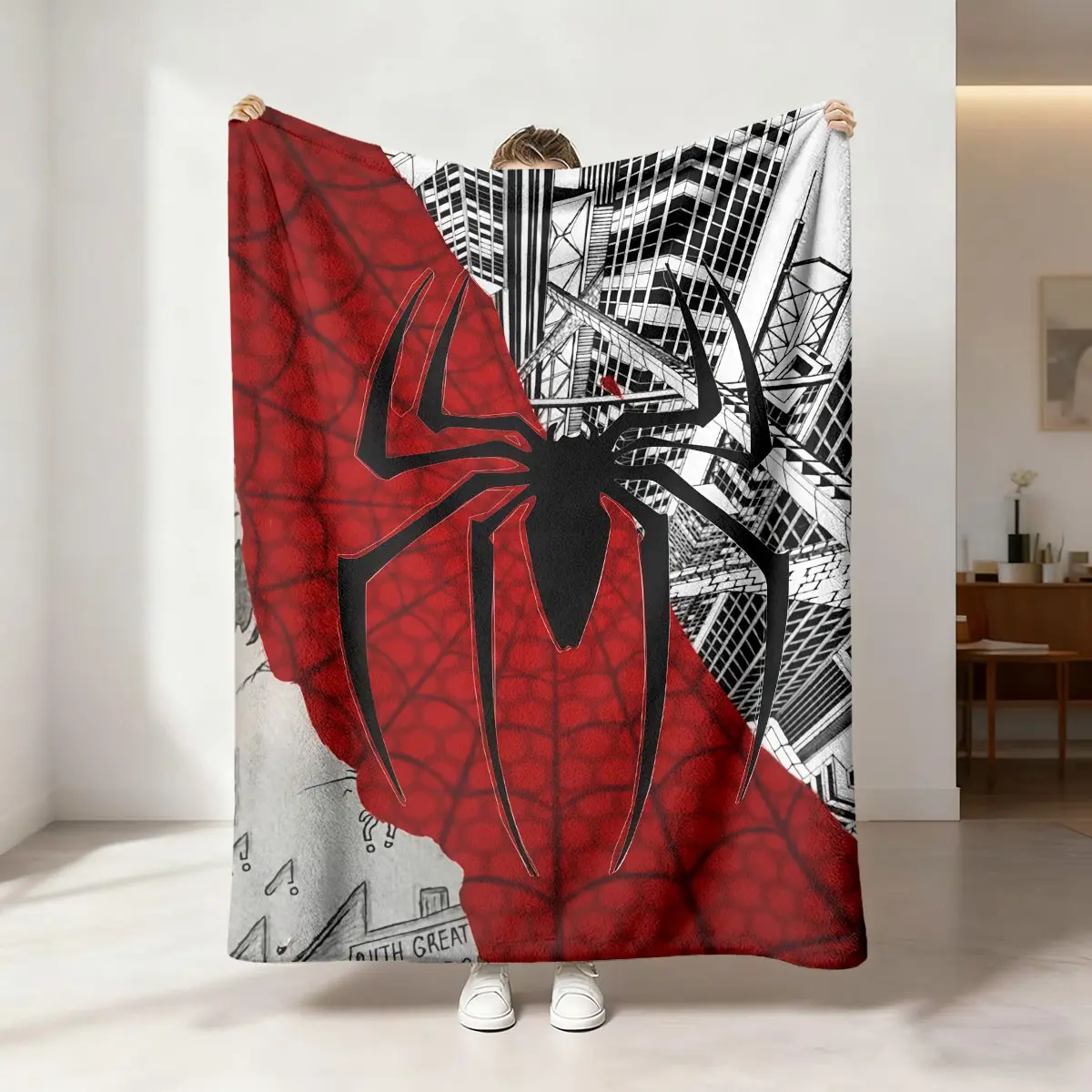 Red and black spider pattern, black and white urban architectural printed Cozy Flannel Blanket, Blanket for couch, skin-friendly, soft, machine-washable, suitable for office camping, sofa, bed blanket