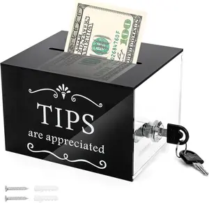 Durable Transparent Acrylic Tip Jar Piggy Bank Box - 6x4x5in Wall-Mounted Metal Container with Secure Key Lock for Coins & Cash, Ideal for Bartenders, Home Decor