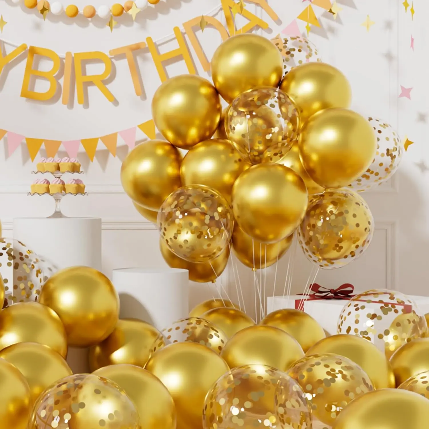 Party Balloons Pack of 42 - Metallic  Balloons &  Confetti Balloons and 64ft Ribbons - 12 Inch Balloons Decorations Set