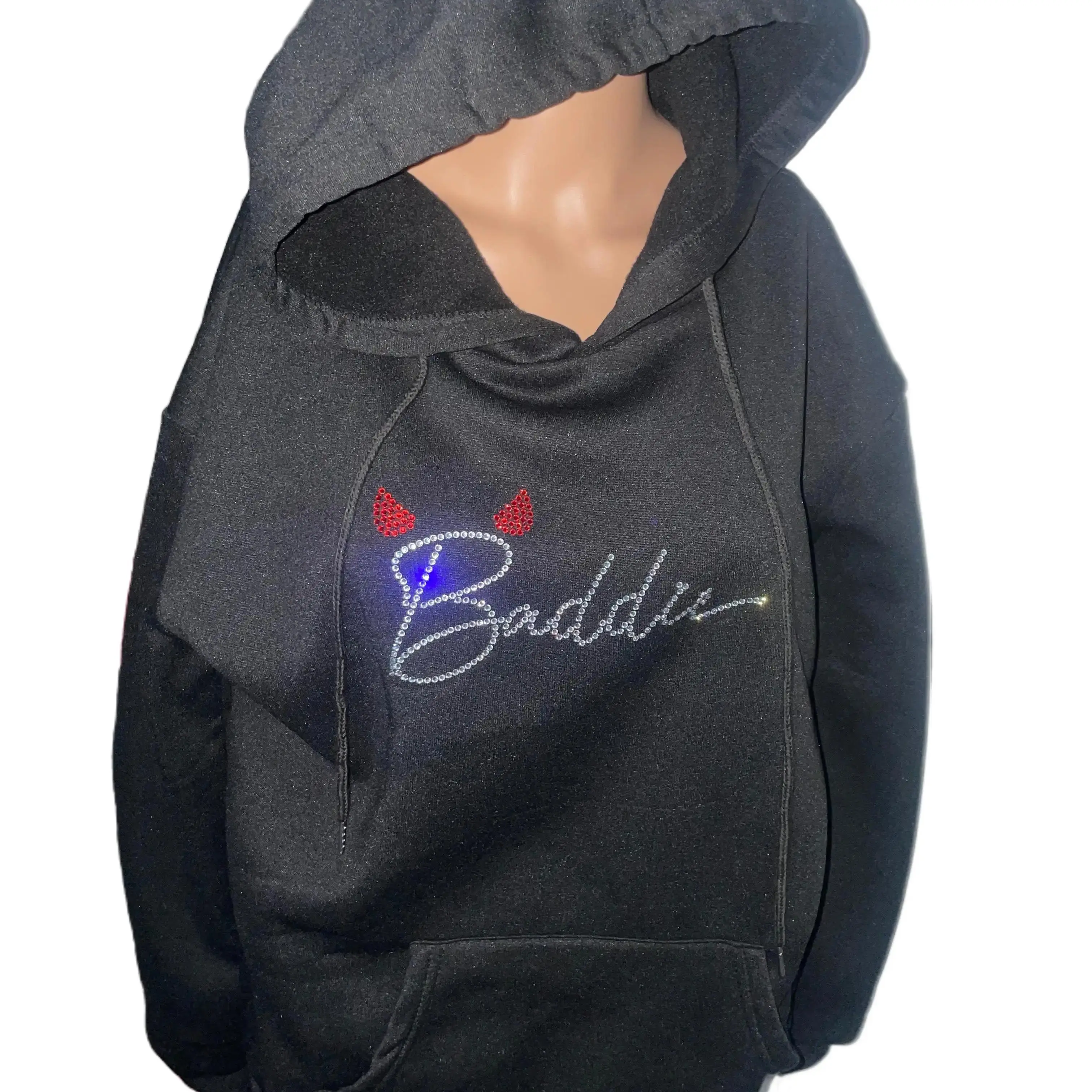 WOMENSWEAR ICONIC "BADDIE" STATEMENT IN  BLACK COTTON BLING  SWEATSHIRT Hoodie Sweaters Underwear Tops Pullover Lady Casual Comfort