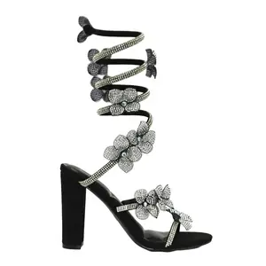 Wild Diva Women's Elegant Spiral Coil Wrap Around Strap Floral Applique Rhinestone Heels