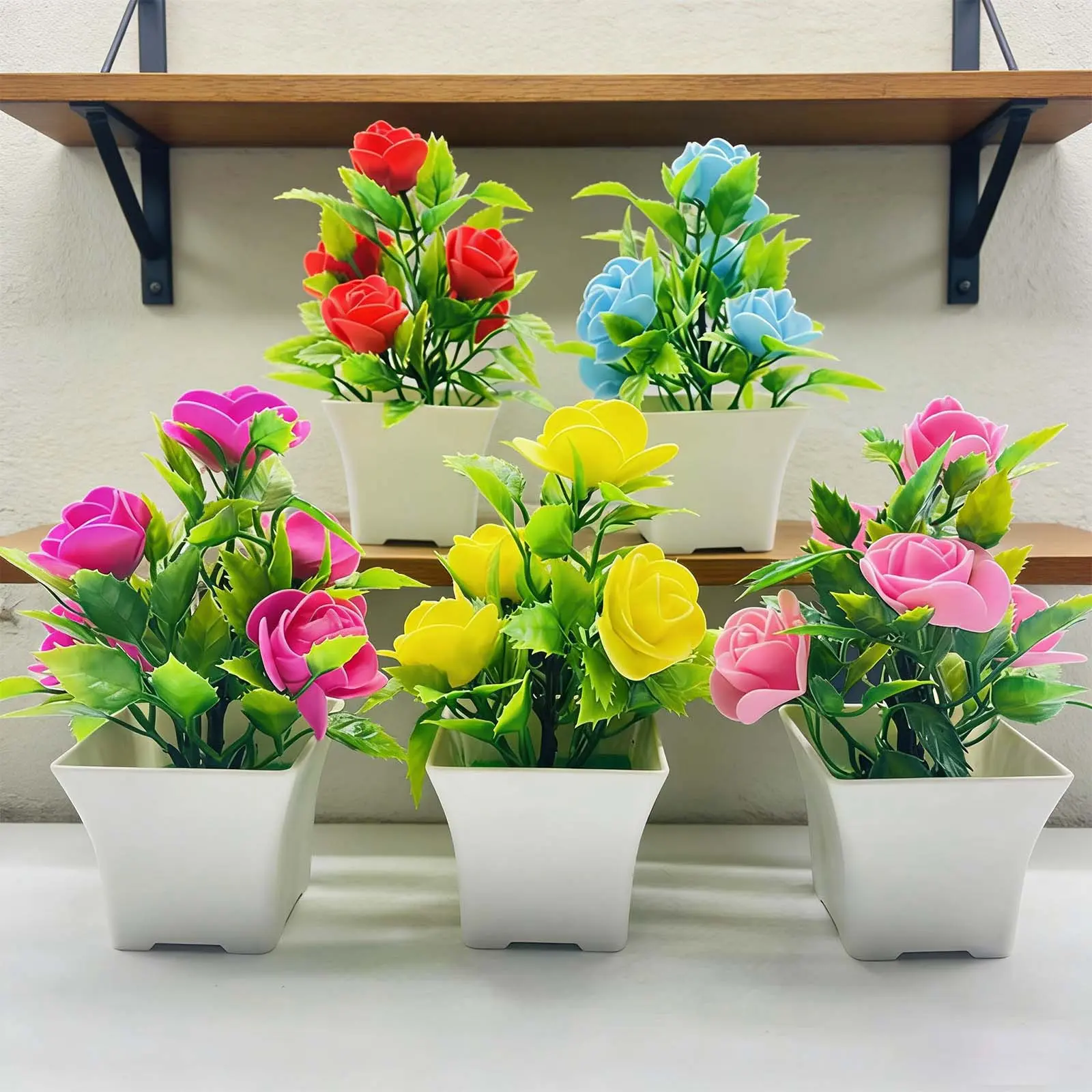 5pcs Artificial Potted Rose Flowers Artificial Plant Bonsai Multi-Color Faux Potted Plants Mini Cute Home Decor Desktop Decoration