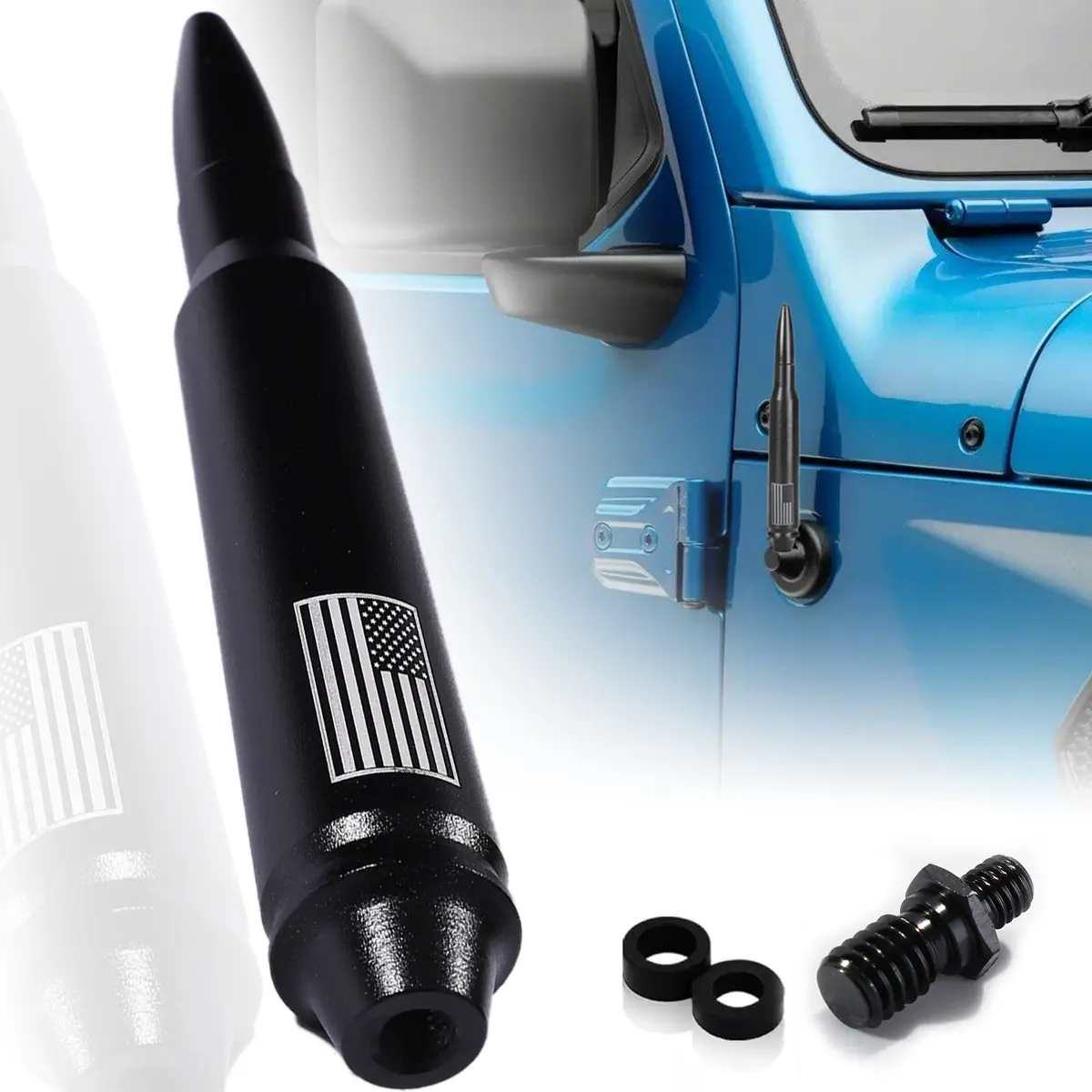 Aluminum Black 50 Cal Bullet Antenna, Universal Stabilized Signal Mast, Short Replacement with American Flag Design for Jeep Wrangler JK JL Gladiator (2007-2023) Automotive Vehicle campingessentials