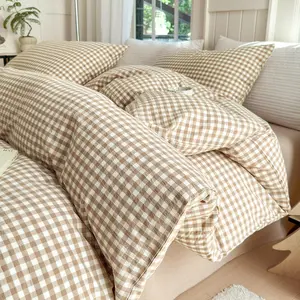 Tan Gingham Comforter Set King Style Beige Comforter Set 3 Pieces Soft Grid Checkered Pattern Comforter with 2 Pillowcases Farmhouse Gingham Bedding Set King