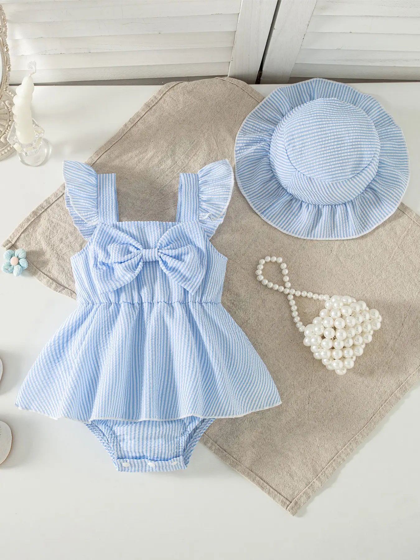 Summer Baby Girl Striped Onesie, Large Bow Ruffled Fly Sleeve Bodysuit with Matching Sun Hat, Newborn Outfits Set, Summer Newborn Gift