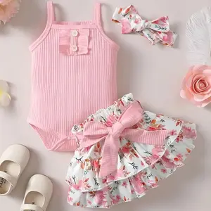 Toddler Baby Girls Summer 3Pcs Outfit, Ribbed Bodysuit + Ruffle Floral Skirt + Headband Set, Cute Kids Clothes