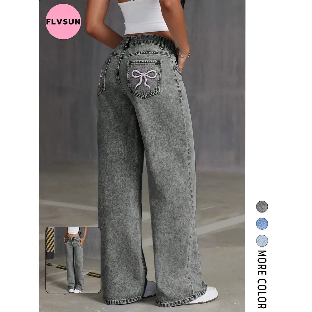 Flvsun Minimalist Women's Mid-Waist Cotton Wide-Leg Washed Oversize Jeans - Embroidered Bow, Slanted Pockets, Solid Color, 2000s Vintage Clothes, All-Seasons Streetwear, Machine/Cold Washable, for Easter, Date Night, Outdoors, Oversized, Denim, Bottom