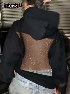 DOUCIU Trendy Versatile Loose-Fitting Casual Hip-Hop Style Lady Women'S Silver Mesh Patchwork See-Through Solid Color Hooded Sweatshirt Tops Womenswear