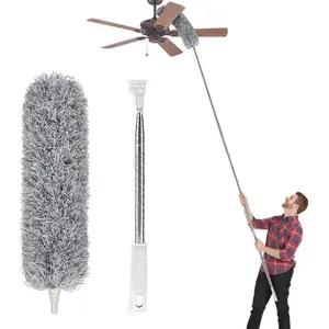 Microfiber Duster with Extension Pole - Extra Long 100 inches for Cleaning High Ceiling Fan, Interior Roof, Cobweb, Gap Dust Wet or Dry Steel