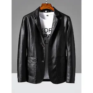Sleek Lightweight Faux Leather Blazer - Men's Casual Jacket with Pockets, Button-Up, Machine Washable for All Seasons