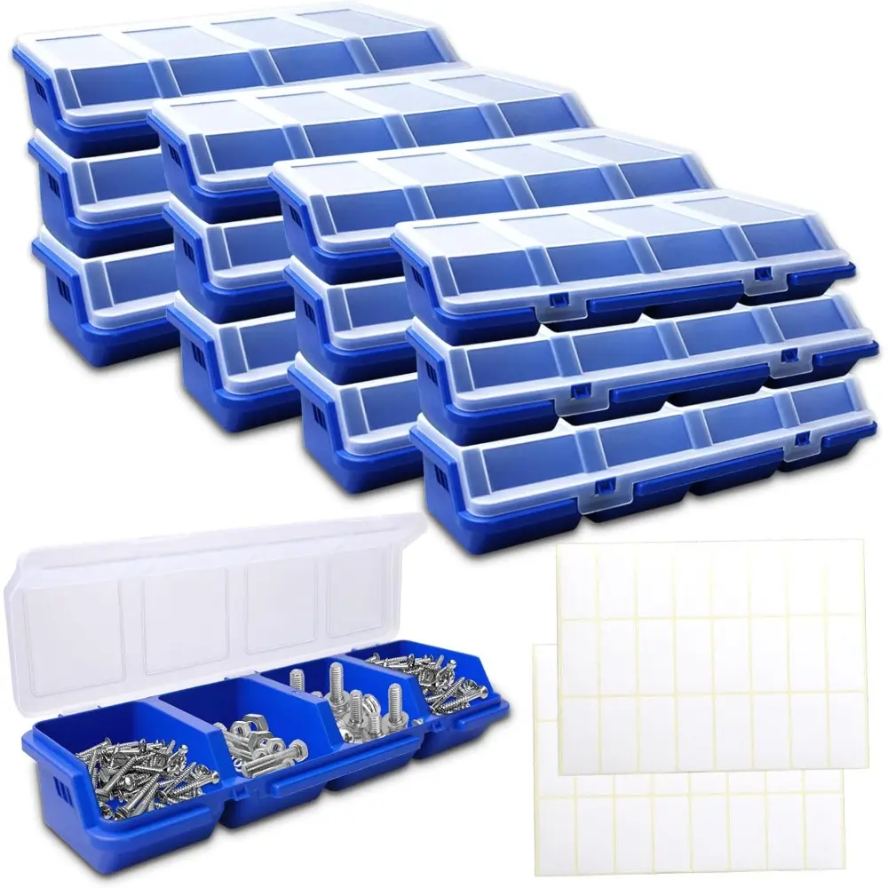 12 Pack Screw Organizer Box with Lids 4 Divider Compartment Storage Containers Tools Box Organizer Blue Sorting Screw Toolbox Case for Garage Small Parts Tool Craft Storage Supplies