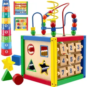 Wooden 6-in-1 Activity Cube for Baby - Baby Activity Play Cube with Bead Maze, Shape Sorter, Abacus Counting Beads, Counting Numbers, Sliding Shapes, Removable Bead Maze, 8Pcs Stacking Cups