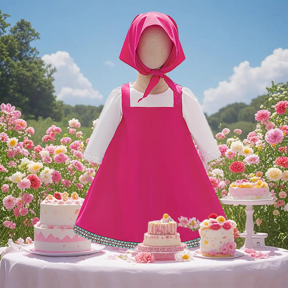Girls' Martha and Bear Cosplay Costume Set 02 - Dress + Hat, Countryside Style, Ideal for Birthdays, Outdoor Photography, Party Costume