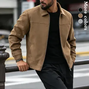 Men's Elegant Aesthetic Suede-Like Long Sleeve Casual Jacket - Zipper Closure, Lapel Design, Single-Button Cuffs, Plain Style for Daily Wear & Office, Outfits Inspo (Caramel, Black, Light Gray) Spring Autumn Retro Coat