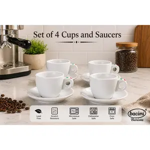 Bacimi® Espresso Cups and Saucers Set of 4 – 3 oz Thick Porcelain Coffee Cups -  Barista Style Cup Set - Classic Italian Espresso Design - Ceramic Cups for Espresso, Macchiato, Doppio – Dishwasher & Microwave Safe