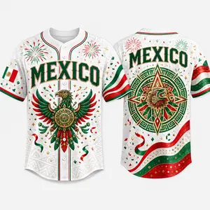 2026 Mexico Inspired White Fiesta Button Down Baseball Jersey for Men, Aztec Eagle Emblem, Confetti Fireworks Graphic, Flag Color Wave Design, Short Sleeve Sports Fan Shirt, Casual Futbol Game Day Top