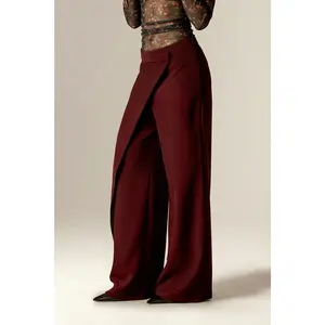 Mila Draped Wide-Leg Crepe Pants (Goth Red)