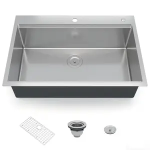 Kitchen Sink,30×22×10 inch Workstation Drop-In Kitchen Sink, Ledge Design, 2.0mm Rim & 1.0mm Bowl, Brushed Stainless Steel with Bottom Grid & Drain Kit