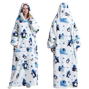 Luxury Winter Hoodie Sweatshirt — Adorable Cartoon Penguin, Extra-Long Hooded Blanket, Flannel, Oversized “Lazy” TV Blanket, Pajama