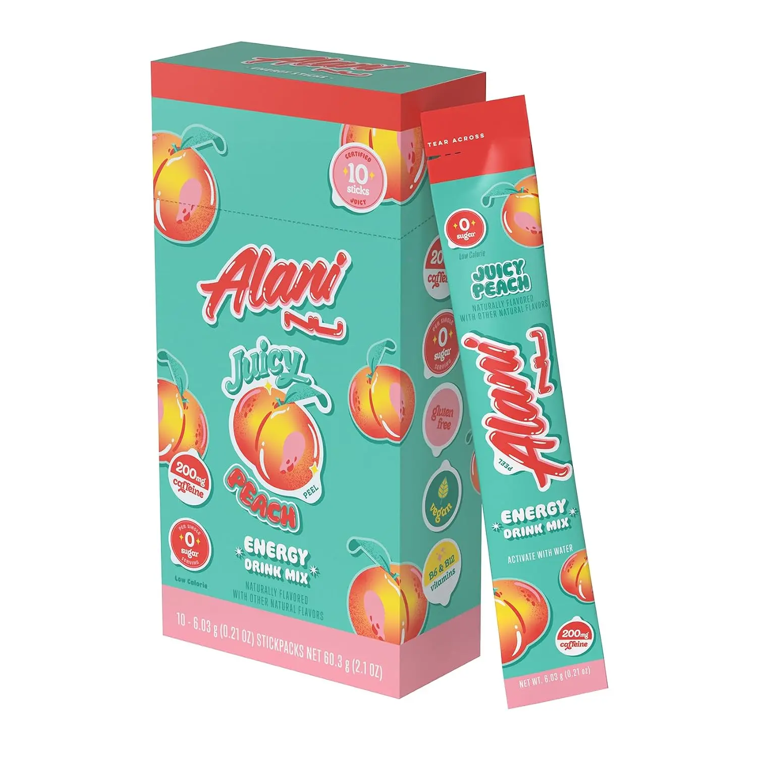 Alani Nu Juicy Peach Energy Sticks Beverage Powder, 200mg Caffeine Pre-Workout Performance Support, On-The-Go Mix with Antioxidants, Biotin, B Vitamins, 0 Sugar, 10 Calories, 10 Pack