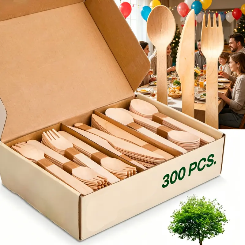 Eco-Friendly Solid Wood Disposable Cutlery Set (300pcs) - Includes Knives and Forks, Ideal for Parties, Weddings, Restaurants, Kitchen Tableware Supplies, Birthdays, Biodegradable, Knife/Fork/Spoon