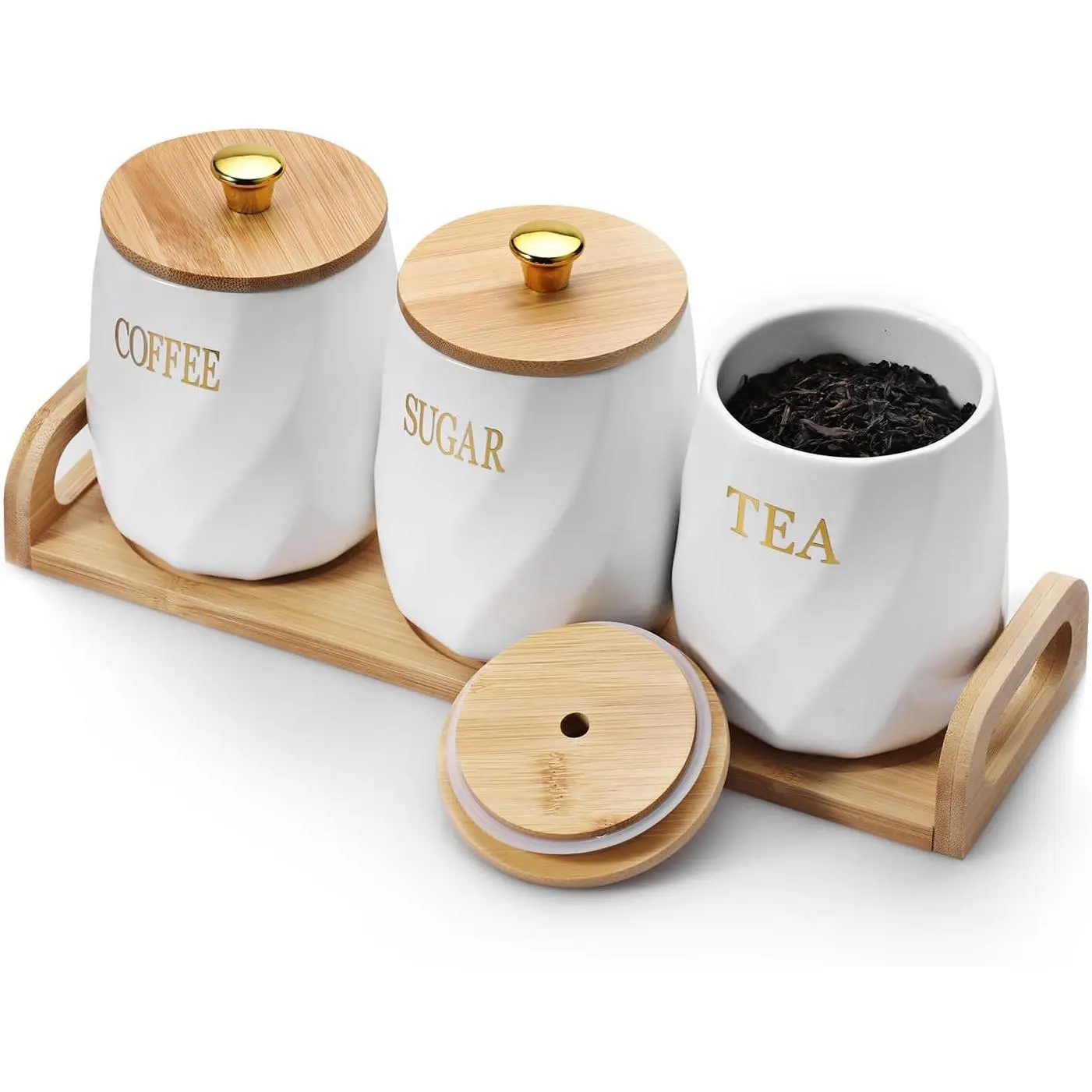 3 Pack Ceramic Canister Set with  Lids and Handle Tray, Coffee  Sugar Container Set, White Ceramic Storage Jar Kitchen Canister for Countertop