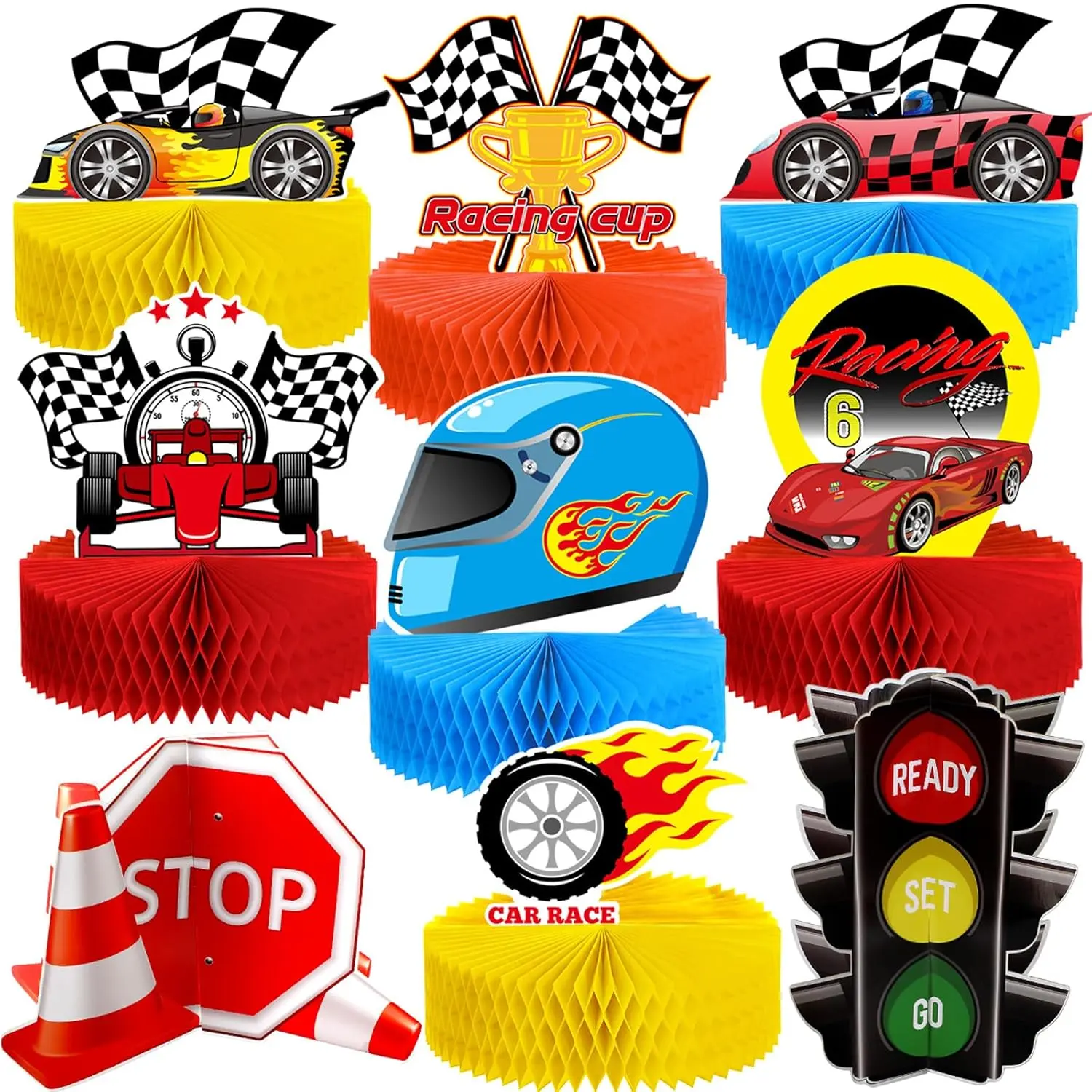 XY-SO02 9 Piece Race Car Party Decorations Race Car Honeycomb Centerpiece Let's Go Racing Theme Party Cake Ball Table Topper 3D Paper Centerpiece Decor for Birthday Baby Shower Supplies Photo
