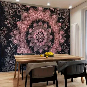 1pc Bohemian Mandala Tapestry Wall Hanging - Vibrant Pink & Black Floral Design, Polyester Fabric, Horizontal Indoor Decor for Bedroom, Living Room, or Party Backdrop, Bohemian Home Decor