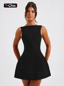 Women's Basic Solid Backless Boat Neck Tank A-line Dress, Street Fashion Casual Sleeveless Short Dress for Daily Outdoor Wear, Ladies Dress for Summer, Teacup Dress, Womenswear