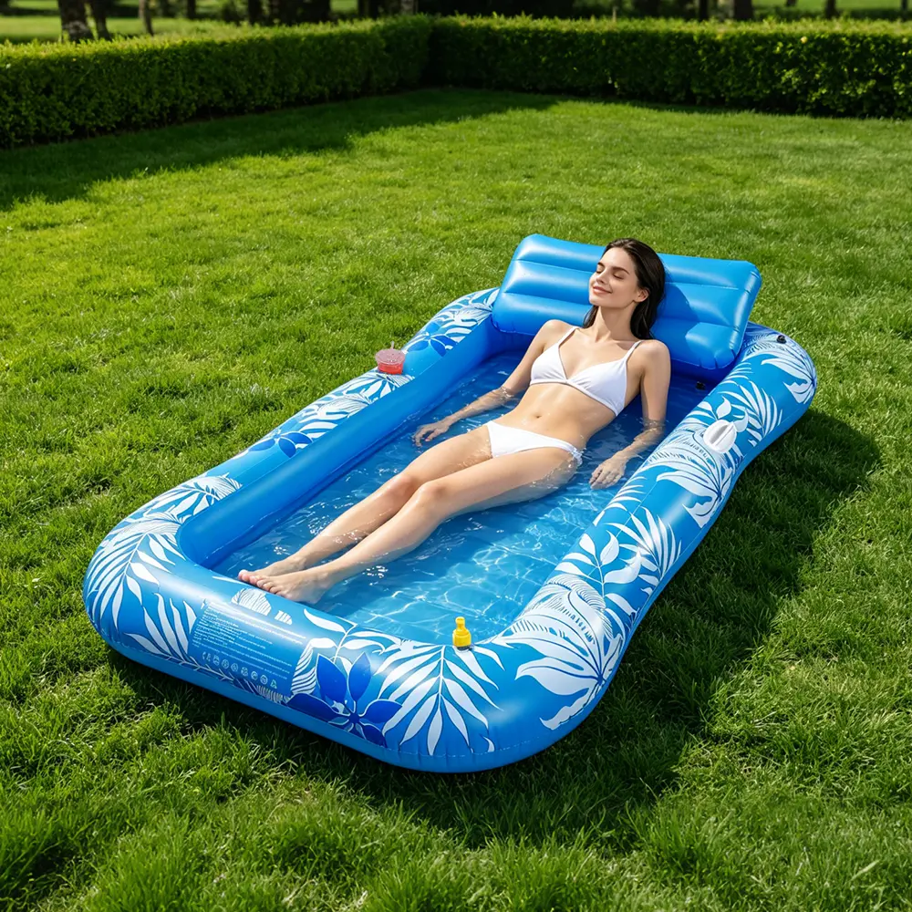 Boho Tropical Inflatable Pool Bed Water Float - Adjustable Spray, Large Size, Removable Headrest, Cup Holder, Durable Summer Pool Float for Adults, Pool Floats