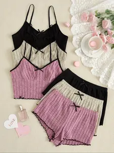 Women's 3-Piece Pajama Set, Striped Slim-Fit Spaghetti Strap Sleepwear Loungewear Pjs, Soft Brushed Fabric, Comfortable Casual Homewear, All-Seasons Womenswear