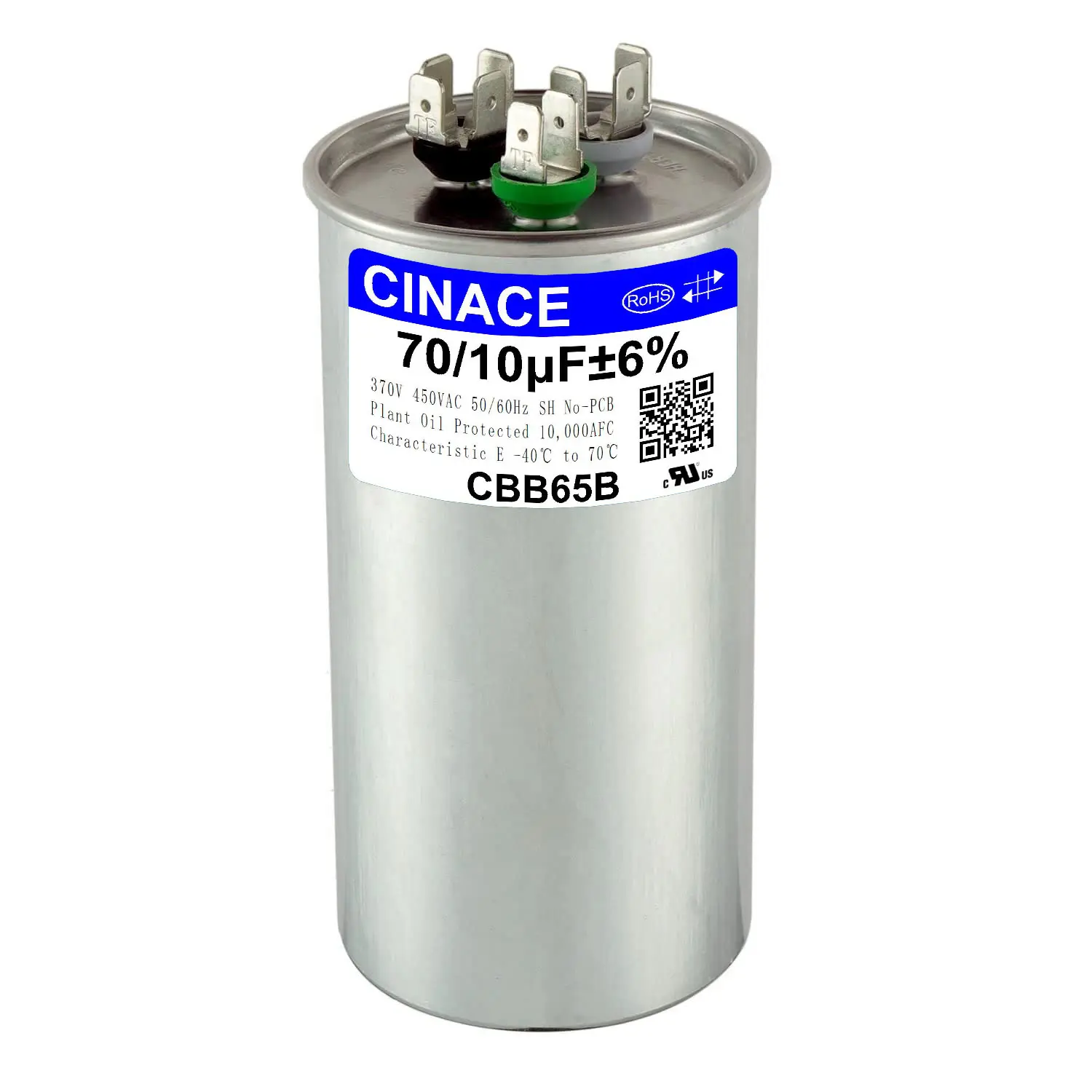 CINACE 70+10uF CBB65 Dual Run Capacitor - 370/450VAC, 50/60Hz Durable Appliance with Voltage Compatibility for Air Conditioner, AC Motor Fan, Condenser Heat Pump