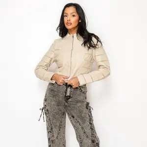 FREE JUNNS | Ivory Faux Leather Quilted Panel Zip-Up Biker Jacket with High Collar | (029)
