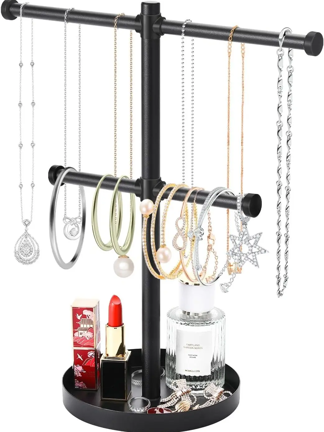Necklace Holder Organizer Stand,2-Tier Sturdy Metal Jewelry Stand with Round Tray for Bracelet Bangles Holder Display,12.9" Tall for Long Necklace Vanity Room