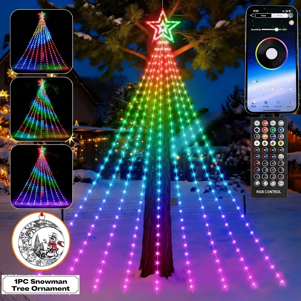 11.8ft Outdoor Christmas Decorations With 350 LEDs & Star, Waterfall Tree String Lights, RGB Color Changing, Music Sync, Remote & App Control, Timer, USB Powered Waterproof Smart Christmas Tree Lights For Yard, Lawn, Patio, Garden, Party, Wedding