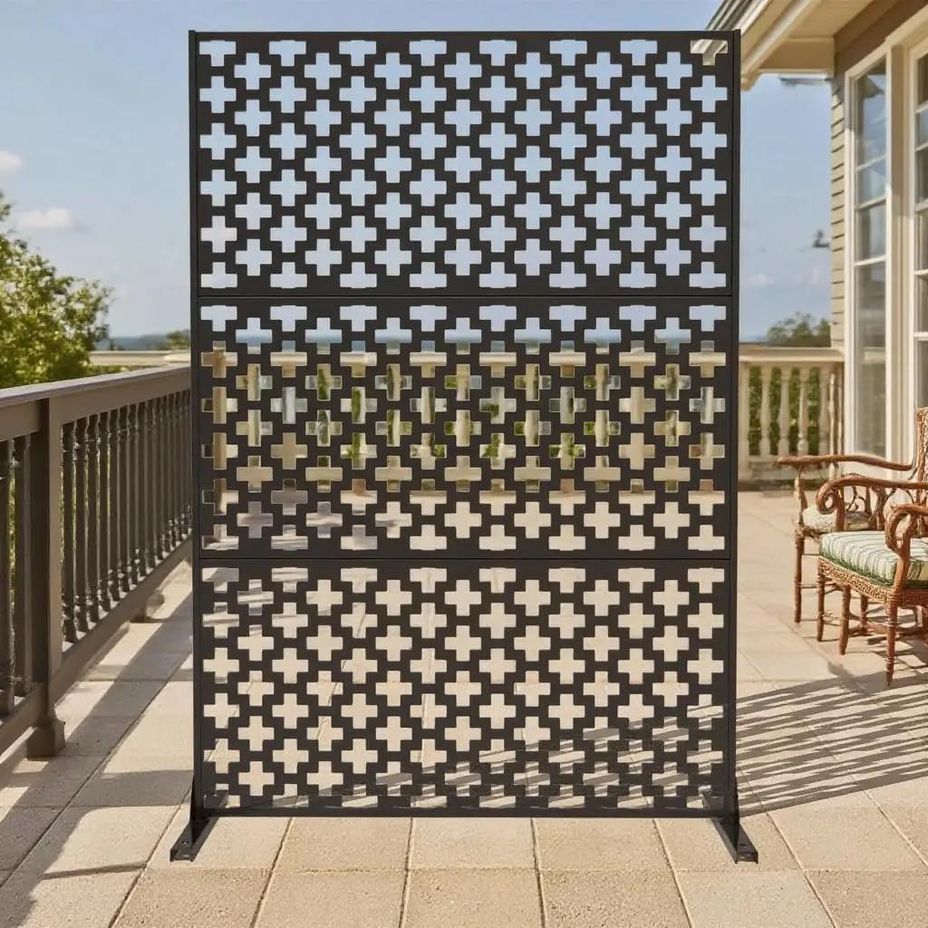 GAOMON Black Metal Privacy Screen, 72" H×47" W Galvanized Steel Corrosion-Resistant Decorative Fence with Adjustable Design & Stand, Room Divider for Backyards, Patio, Indoor Use