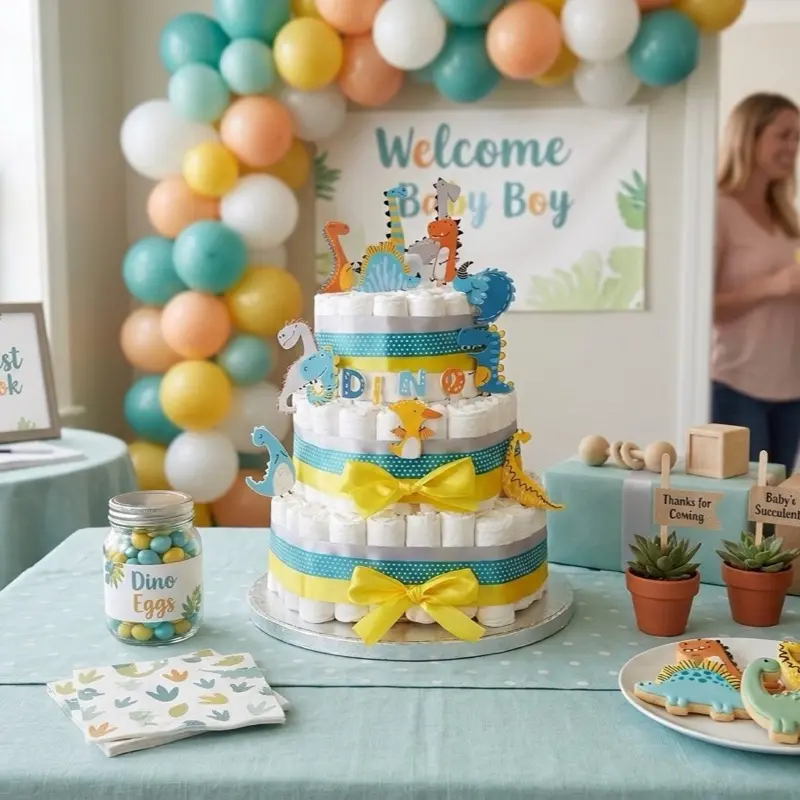 Dinosaur Diaper Cake Kit – Prehistoric Baby Shower Centerpiece & Gift | Make-Your-Own 3-Tier, Gender Neutral, Reusable Base