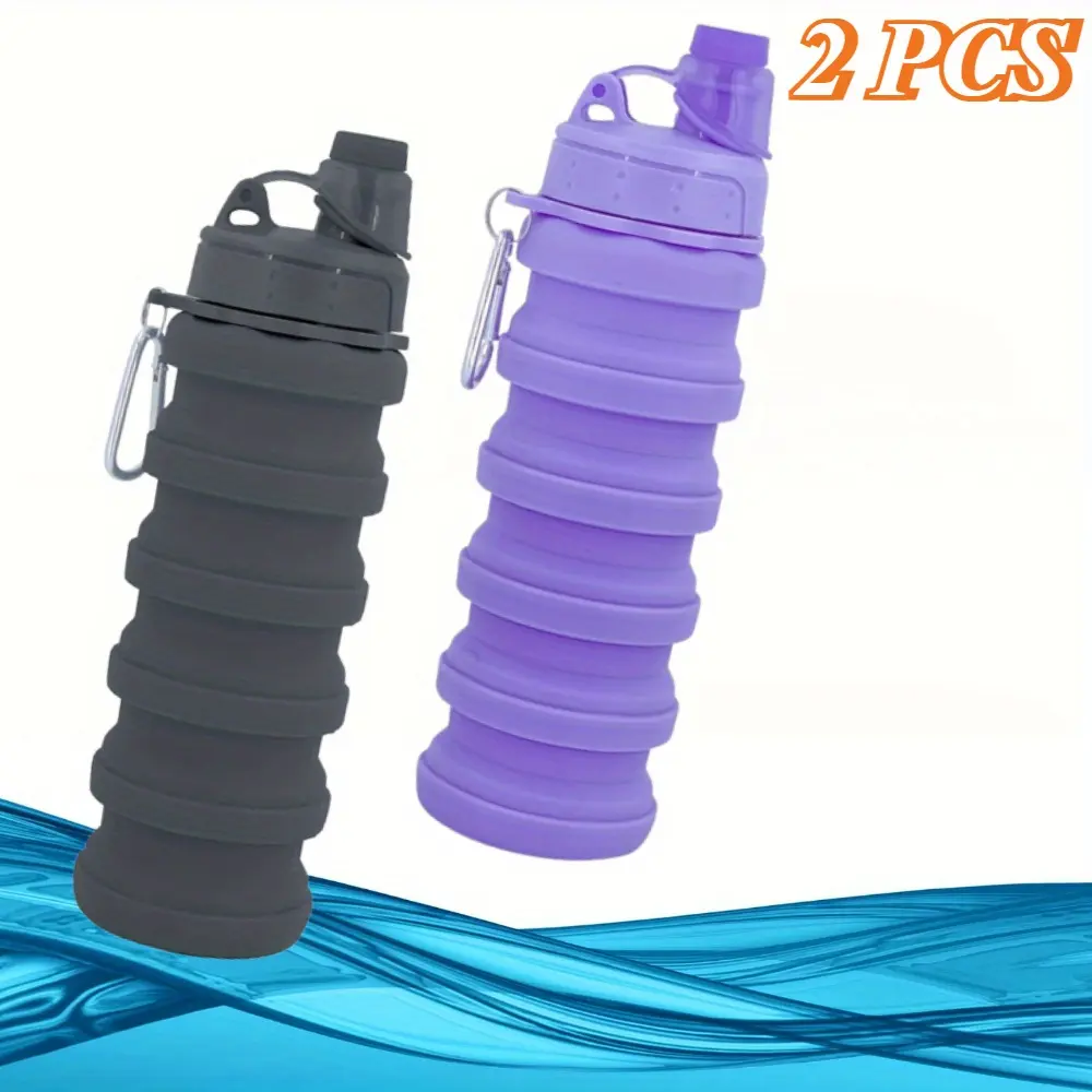 2pcs Collapsible Silicone Portable Water Bottle with mountaineering Buckle 500ml silicone Water-proof camping, Sport Water Bottle, Portable Drinking Bottle