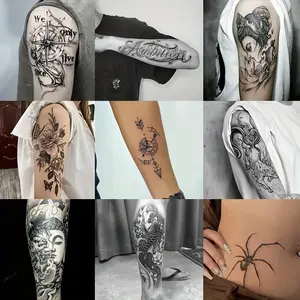 9 Pieces Herbal Temporary Tattoo Stickers - Various Designs, Including Ship, Cinnamoroll Text, Geisha, Flower, Compass, Nine-tailed Fox, Buddha Demon, Koi Fish, Spider - Waterproof and Wear-resistant, Lasts 7-15 Days, Realistic Appearance, Perfect for Tho
